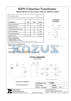 T-10459 datasheet - ISDN S Interface Transformer