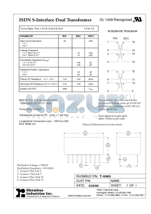 T-10503 datasheet - ISDN S-Interface Dual Transformer