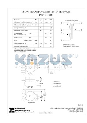 T-1048 datasheet - ISDN TRANSFORMERS 