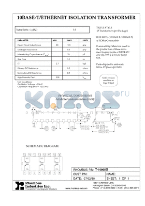 T-10805G datasheet - 10BASE-T/ETHERNET ISOLATION TRANSFORMER