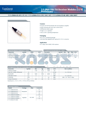 T-11-2500A-R3-SFC datasheet - 2.5 Gbps PIN-TIA Receiver Modules (3.3 V)