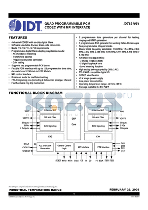 IDT821054PQF datasheet - QUAD PROGRAMMABLE PCM  CODEC WITH MPI INTERFACE