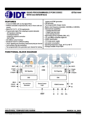 IDT821064 datasheet - QUAD PROGRAMMABLE PCM CODEC WITH GCI INTERFACE