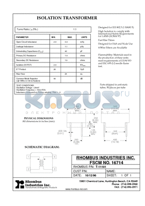 T-11101 datasheet - ISOLATION TRANSFORMER