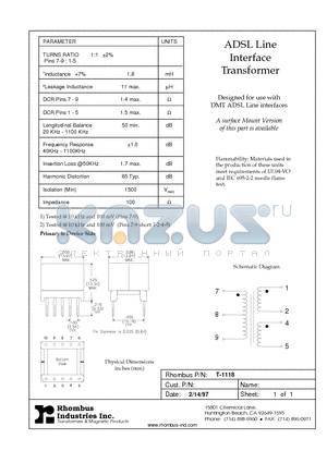 T-1118 datasheet - ADSL Line Interface Transformer