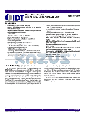 IDT82V2052EPF datasheet - DUAL CHANNEL E1 SHORT HAUL LINE INTERFACE UNIT