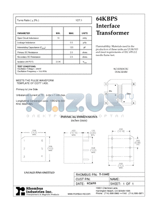 T-11602 datasheet - 64KBPS Interface Transformer