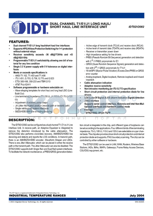 IDT82V2082PF datasheet - DUAL CHANNEL T1/E1/J1 LONG HAUL/ SHORT HAUL LINE INTERFACE UNIT