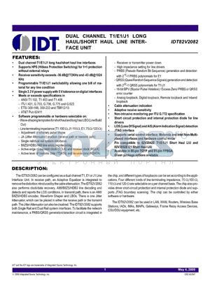 IDT82V2082PFBLANK datasheet - DUAL CHANNEL T1/E1/J1 LONG HAUL/SHORT HAUL LINE INTERFACE UNIT