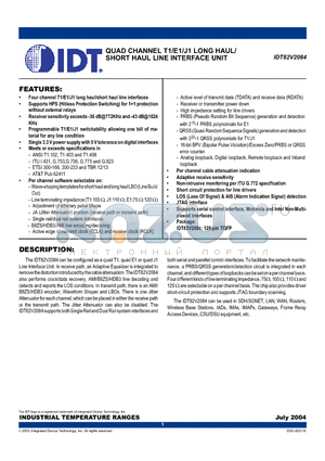 IDT82V2084 datasheet - QUAD CHANNEL T1/E1/J1 LONG HAUL/ SHORT HAUL LINE INTERFACE UNIT