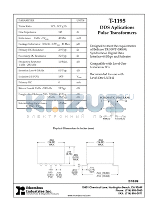 T-1195 datasheet - DDS Aplications Pulse Transformers