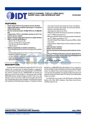 IDT82V2081 datasheet - SINGLE CHANNEL T1/E1/J1 LONG HAUL/ SHORT HAUL LINE INTERFACE UNIT