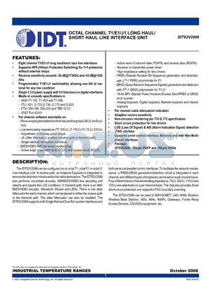 IDT82V2088DR datasheet - OCTAL CHANNEL T1/E1/J1 LONG HAUL/ SHORT HAUL LINE INTERFACE UNIT