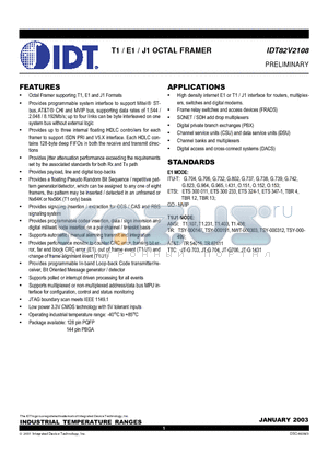 IDT82V2108BB datasheet - T1 / E1 / J1 OCTAL FRAMER