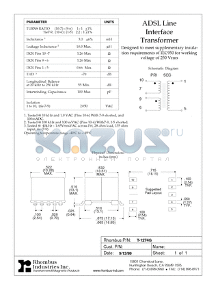 T-1274G datasheet - ADSL Line Interface Transformer