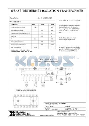 T-13006 datasheet - 10BASE-T/ETHERNET ISOLATION TRANSFORMER