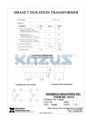 T-13052 datasheet - 10BASE T ISOLATION TRANSFORMER