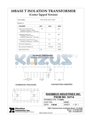 T-13053 datasheet - 10BASE T ISOLATION TRANSFORMER