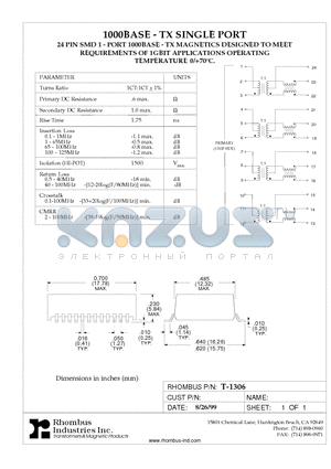 T-1306 datasheet - 1000BASE - TX SINGLE PORT