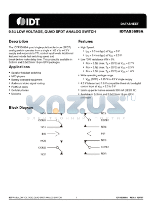 IDTAS3699A datasheet - 0.5Y LOW VOLTAGE, QUAD SPDT ANALOG SWITCH