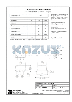 T-13101P datasheet - T3 Interface Transformer