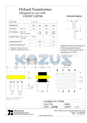 T-1314 datasheet - Flyback Transformer