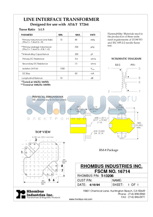 T-13206 datasheet - LINE INTERFACE TRANSFORMER