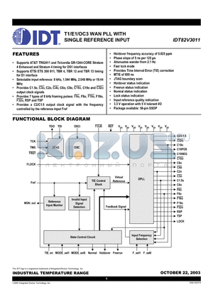 IDT82V3011PV datasheet - T1/E1/OC3 WAN PLL WITH SINGLE REFERENCE INPUT