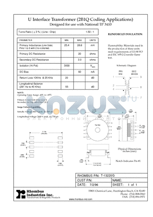 T-13220G datasheet - U Interface Transformer (2B1Q Coding Applications)