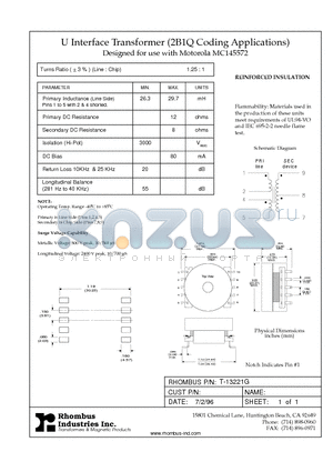 T-13221G datasheet - U Interface Transformer (2B1Q Coding Applications)