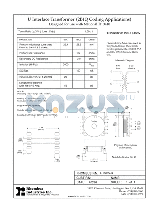 T-13224G datasheet - U Interface Transformer (2B1Q Coding Applications)