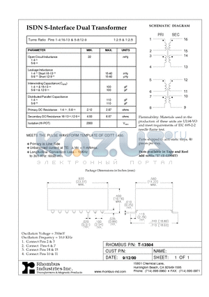 T-13504 datasheet - ISDN S-Interface Dual Transformer