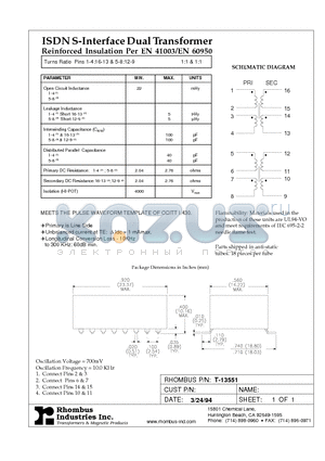 T-13551 datasheet - ISDN S-Interface Dual Transformer