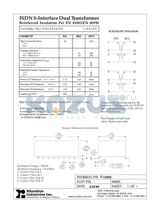 T-13552 datasheet - ISDN S-Interface Dual Transformer