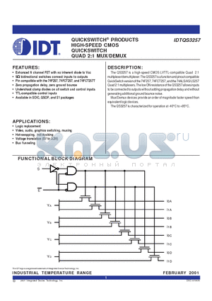 IDTQS3257S1G datasheet - QUICKSWITCH PRODUCTS HIGH-SPEED CMOS QUICKSWITCH QUAD 2:1 MUX/DEMUX