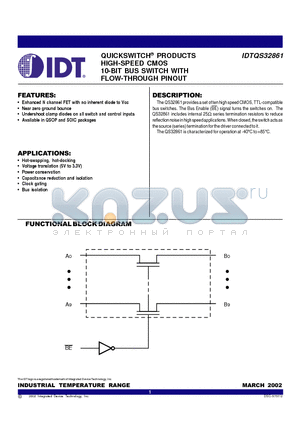 IDTQS32861 datasheet - QUICKSWITCH PRODUCTS HIGH-SPEED CMOS 10-BIT BUS SWITCH WITH FLOW-THROUGH PINOUT