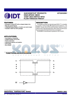 IDTQS32861SO datasheet - QUICKSWITCH PRODUCTS HIGH-SPEED CMOS 10-BIT BUS SWITCH WITH FLOW-THROUGH PINOUT