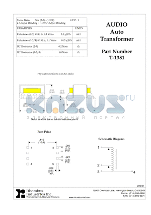 T-1381 datasheet - AUDIO Auto Transformer