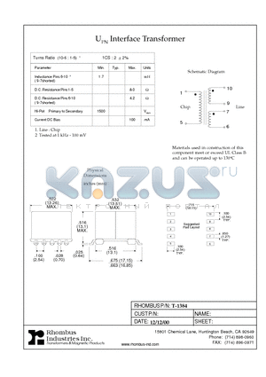 T-1384 datasheet - UPN Interface Transformer