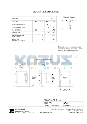 T-1399 datasheet - AUDIO TRANSFORMER