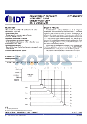 IDTQS34XS257Q3G datasheet - QUICKSWITCH^ PRODUCTS HIGH-SPEED CMOS SYNCHROSWITCH 32:16 MUX/DEMUX