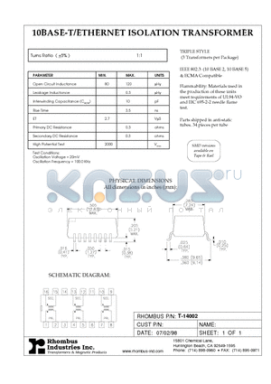 T-14002 datasheet - 10BASE-T/ETHERNET ISOLATION TRANSFORMER