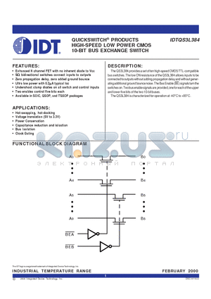 IDTQS3L384PA datasheet - QUICKSWITCH PRODUCTS HIGH-SPEED LOW POWER CMOS 10-BIT BUS EXCHANGE SWITCH