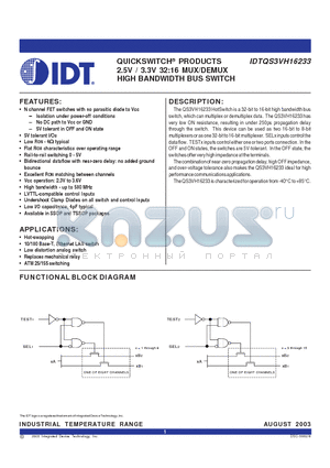 IDTQS3VH16233PAG datasheet - 2.5V / 3.3V 32:16 MUX/DEMUX HIGH BANDWIDTH BUS SWITCH