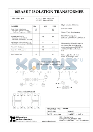 T-14068 datasheet - 10BASE T ISOLATION TRANSFORMER