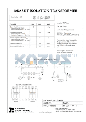 T-14070 datasheet - 10BASE T ISOLATION TRANSFORMER