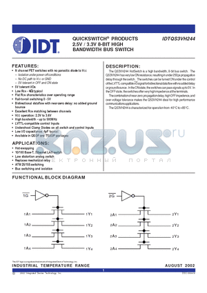 IDTQS3VH244 datasheet - QUICKSWITCH PRODUCTS 2.5V / 3.3V 8-BIT HIGH BANDWIDTH BUS SWITCH