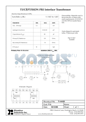 T-14103 datasheet - T1/CEPT/ISDN PRI Interface Transformer