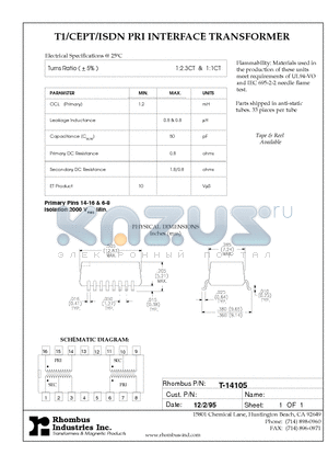 T-14105 datasheet - T1/CEPT/ISDN PRI INTERFACE TRANSFORMER