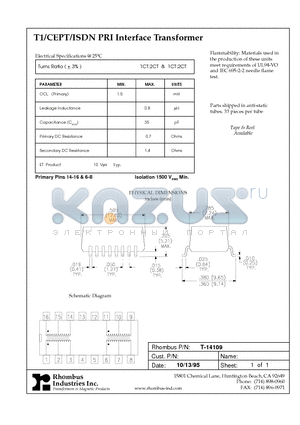 T-14109 datasheet - T1/CEPT/ISDN PRI Interface Transformer